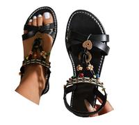 Generisch Sandales bohème avec lanières romaines serties de perles, sandales de plage plates décontractées pour les voyages d'été, le quotidien, Noir , 39 EU
