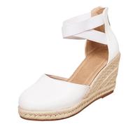 Generisch Sandales compensées pour femme avec bout fermé - Espadrilles avec sangle de cheville et fermeture éclair - Chaussures d'été avec semelle en raphia, Style D03 blanc, 41.5 EU