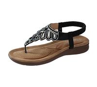Generisch Sandales confortables pour femme avec sangle de cheville élastique - Chaussures de plage décontractées - Style bohème - Mode - Cristal - Strass - Orné de coquillages de Saint-Jacques, Noir
