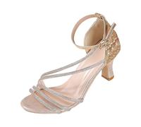 Generisch Sandales d'été tendance Bottes Cher Soldes Eleganti sandali bassi con decorazioni in cristallo e cinturino traforato, tacco alto e design fluido Talons Pour Femmes Habillés Bout(Gold, 38)