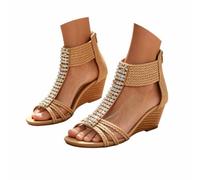 Generisch Sandales ethniques bohèmes avec ornement en cristal à bout ouvert pour les vacances d'été - Diffusion de la plage pour profiter de la légèreté, beige, 39 EU