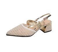 Generisch Sandales intemporelles avec dessus en maille tissée, design perforé, talon bloc, boucle à lanière, style bandeau, semelle intérieure confortable, chaussures aérées, beige, 40 EU