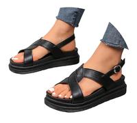 Generisch Sandales plates confortables pour femme - Sangle à boucle - Sandales d'été ouvertes - Bout rond - Sandales de loisirs - Semelle épaisse - Antidérapantes - Couleur unie, Noir , 39 EU