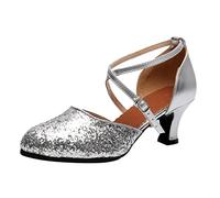 Generisch Sandales pour femme - Chaussures de danse latine - Sandales à talons - Salle de bal - Tango Party - Chaussures de danse à paillettes, argenté, 38 EU