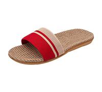 Generisch Sandales pour femme - Lin - Tricoté - Rayures - Imprimé - Bout ouvert - Plates - Antidérapantes - Vintage - Chaussures d'été - Loisirs - Sandales plates respirantes en lin, rouge, 40 EU