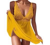 Generisch Sexy-Schlafanziehen-Unterwäsche Transparente Frauen Spitze Kleider-Hosenträger Damen Dessous Weihnachten (Yellow, XL)
