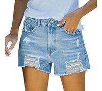 Generisch Short 2025 pour femme avec poche - Coupe déchirée - Taille déchirée - Denim - Jean mi-extensible - Pour l'été - 36/32, bleu ciel, S