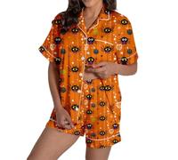 Generisch Short à manches courtes avec col à revers imprimé pour femme, ensemble de pyjama léger avec imprimé élégant, idéal pour le printemps, vêtements faciles d'entretien, coupe classique, lavable