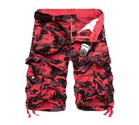 Generisch Short cargo pour homme - Short d'été camouflage - Multipoches - Short de loisirs - Short 3/4 - Short de randonnée avec ceinture - Pantalon hawaïen, rouge, 32