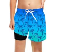 Generisch Short de bain pour enfant avec doublure de compression pour vacances d'été avec motif palmier, taille élastique, séchage rapide, idéal pour la plage et la piscine, bleu, 5-6 ans