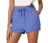 Generisch Short de plage 2027 pour femme avec poche de couleur unie et cordon de serrage, bleu, S