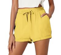 Generisch Short de plage 2027 pour femme avec poche de couleur unie et cordon de serrage, jaune, M