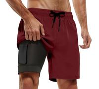 Generisch Short de plage pour homme avec doublure de compression, couture intérieure, short de bain avec poches, Bordeaux, L