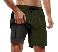 Generisch Short de plage pour homme avec doublure de compression, couture intérieure, short de bain avec poches, Vert armée., L