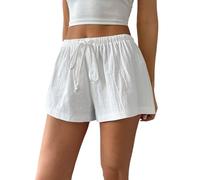 Generisch Short d'été pour femme - Short d'été à rayures - Couleur unie - Avec cordon de serrage - Short de plage respirant - Pantalon chaud - Pantalon de loisirs - XS à XXL, Blanc., S