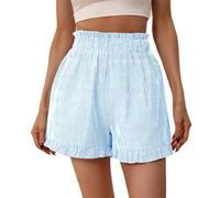 Generisch Short d'été pour femme taille haute avec bordure en dentelle rayée, short de plage décontracté à jambes larges et poches, élégant et, bleu, XL