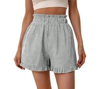 Generisch Short d'été pour femme taille haute avec bordure en dentelle rayée, short de plage décontracté à jambes larges et poches, élégant et, Noir , L