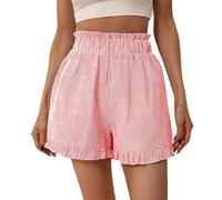 Generisch Short d'été pour femme taille haute avec bordure en dentelle rayée, short de plage décontracté à jambes larges et poches, élégant et, rouge, XXL