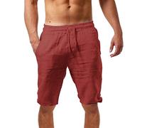 Generisch Short d'été pour homme en coton et lin - Short d'été léger et aéré - Couleur unie - Coupe ample - Short de loisirs, rouge, L