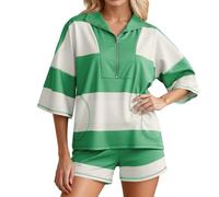 Generisch Short élégant avec col en V, design rayé pour des tenues décontractées, facile d'entretien, polyvalent pour les activités de loisirs, combinaison de baskets, convient au quotidien, vert, M