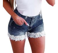 Generisch Short en jean 2025 pour femme - Taille haute - Short en jean - Avec bordure en dentelle - Coupe ajustée - Tendance - Décontracté - Pour l'été, les voyages, les sorties quotidiennes, bleu,