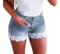Generisch Short en jean 2025 pour femme - Taille haute - Short en jean - Avec bordure en dentelle - Coupe ajustée - Tendance - Décontracté - Pour l'été, les voyages, les sorties quotidiennes, bleu