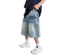 Generisch Short en jean décontracté pour garçon avec structure plissée, taille élastique, confortable au quotidien, pour enfants de 4 à 14 ans, avec baskets, bleu, 11-12 ans