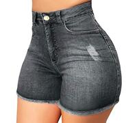 Generisch Short en jean pour femme - Ourlet brut déchiré - Couleur unie - Taille haute - Confortable - Coupe skinny - Tendance - Respirant - Élastique - Pour les loisirs, les festivals, les fêtes