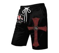 Generisch Short en jean pour homme au look patchwork distinctif - Short court avec imprimé croix de chevalier et cordon de serrage - Short streetwear accrocheur au look usé, Style_b03 Noir, XL