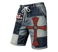 Generisch Short en jean pour homme au look patchwork distinctif - Short court avec imprimé croix de chevalier et cordon de serrage - Short streetwear accrocheur au look usé, Style_b01 Bleu, XL