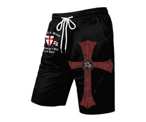 Generisch Short en jean pour homme au look patchwork distinctif - Short court avec imprimé croix de chevalier et cordon de serrage - Short streetwear accrocheur au look usé