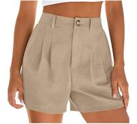 Generisch Short pour femme 46 avec taille, poignets, taille élastique à l'arrière, plis et lin, kaki, XL