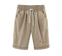 Generisch Short pour femme - Grandes tailles - Style bohème - Longueur genou - Avec cordon de serrage - Bermuda - Pantalon de loisirs - Pantalon en lin stretch - Taille haute - Tailles S à XXL