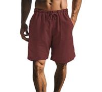 Generisch Short pour homme en coton et lin - Couleur unie - Léger - Taille élastique - Bermuda d'été avec cordon de serrage et poches, Bordeaux, 4XL
