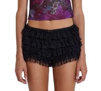 Generisch Short Y2K pour femme - Couleur unie - Taille basse élastique - Coupe skinny - Avec plis à la taille - Pantalon d'été confortable et respirant - Élégant - Pour festival, fête rave, Noir , L