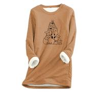 Generisch Snowboard avec arbre de Noël et chats imprimés, couleur unie, manches longues, polaire épaisse et chaude, vêtements de sport pour femme hiver, kaki, L