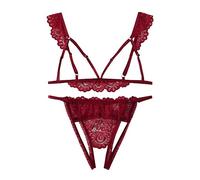 Generisch Sous-vêtements soutien-gorge femme col en V ensemble sous-vêtements S-2XL plus taille creuse mode + chaîne, rouge, L