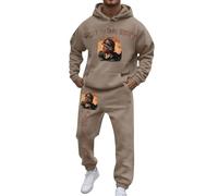 Generisch Survêtement 2 pièces pour homme avec sweat à capuche et pantalon de jogging, couleur unie et motif lettres, survêtement de loisirs pour le sport et les loisirs, kaki, M