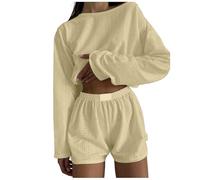 Generisch Survêtement de loisirs pour femme - 2 pièces - Chemisier à manches longues et pantalon court - Baggy - Combinaison d'été - Couleur unie - Col rond - T-shirt - Short de loisirs - Survêtement