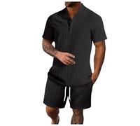 Generisch Survêtement d'été 2 pièces pour homme, couleur unie, ensemble de combinaison à manches courtes, haut boutonné et short surdimensionné, combinaison d'entraînement de boxe, Noir , M