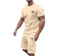 Generisch Survêtement d'été 2024 pour homme, grande taille, manches courtes, col rond, tenue sportive, décontracté, bloc de couleurs, cordon de serrage à la taille, kaki, L