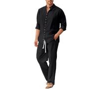 Generisch Survêtement d'été pour homme - En coton et lin - 2 pièces - Avec boutons - T-shirt à manches longues et pantalon en lin - Couleur unie - Léger - Jogging, Noir , XL