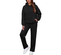 Generisch Survêtement en polaire pour femme - Ensemble de jogging - Chaud - 2 pièces - Sweat à capuche - Pantalon de sport baggy - Tenue de loisirs - Tenue de loisirs, O Noir., S