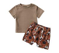 Generisch Survêtement pour garçon et enfant - Ensemble de jogging pour tout-petit - Manches courtes - Motif vache - Dinosaure - T-shirt - Pull - Tops - Short - Tenues, marron, 9-12 mois