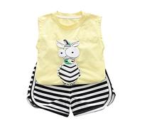 Generisch Survêtement pour garçon et enfant - Ensemble de jogging - T-shirt d'été à manches courtes avec motif de dessin animé mignon + short rayé - Combinaison tendance pour garçon, jaune, 3-4 ans