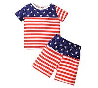 Generisch Survêtement pour garçons et enfants Ensemble Activewear Jogging Garçon Manches Courtes Journée de l'Indépendance Imprimé Rayé Hauts Shorts Deux Pièces Tenues Ensemble pour Enfants, rouge, 2