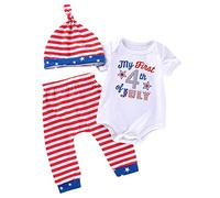 Generisch Survêtement pour garçons et enfants - Ensemble de jogging pour tout-petit garçon - Jour de l'indépendance - Manches courtes - Lettre imprimée - Body - Pantalon rayé - Chapeau - 3 pièces