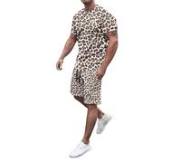 Generisch Survêtement pour homme - Ensemble de jogging d'été - Imprimé léopard - 2 pièces - T-shirt à manches courtes + short - Survêtement de loisirs - 2 pièces - Survêtement de sport décontracté