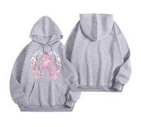 Generisch Sweat à capuche à manches chauve-souris pour femme avec ruban rose - Sweat à capuche large avec nœud pour le cancer du sein - Haut décontracté pour soutenir les combattantes, Style Z06 Gris