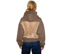 Generisch Sweat à capuche automne hiver tendance couleur unie dos nu avec décolleté en maille filet haut streetwear décontracté pour les excursions quotidiennes, marron, XL